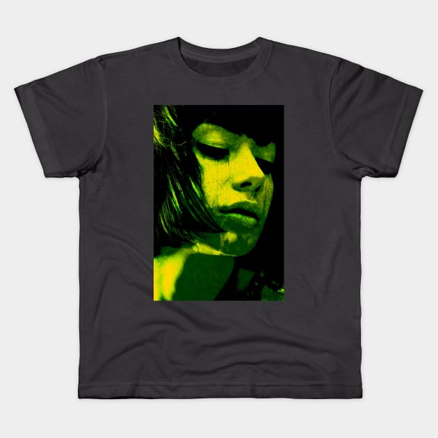 Beautiful girl, liquid on chin. Green, yellow. Dark sci-fi, beautiful. Kids T-Shirt by 234TeeUser234
